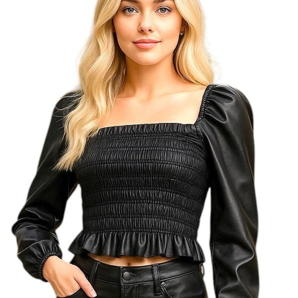 Avec Les Filles - Faux Leather Smocked Top Black Large